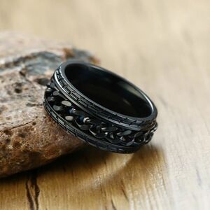 Black Stainless Steel Tire Texture Spinner Anxiety Fidget Ring